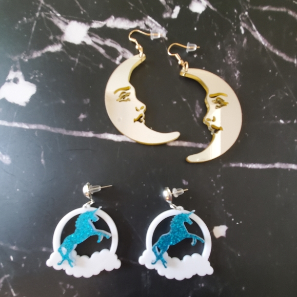 Whimsical Moon Unicorn Sparkle Earrings! 2 Pairs - Picture 2 of 5